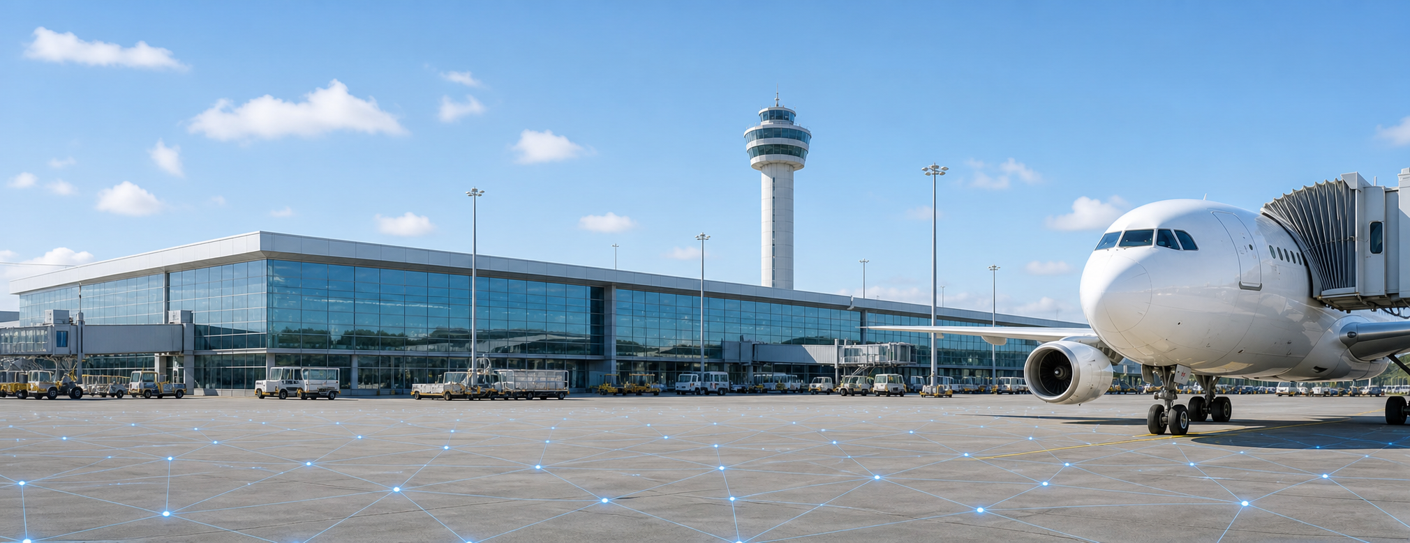 Terminal aeroportuário com aeronave e pátio operacional